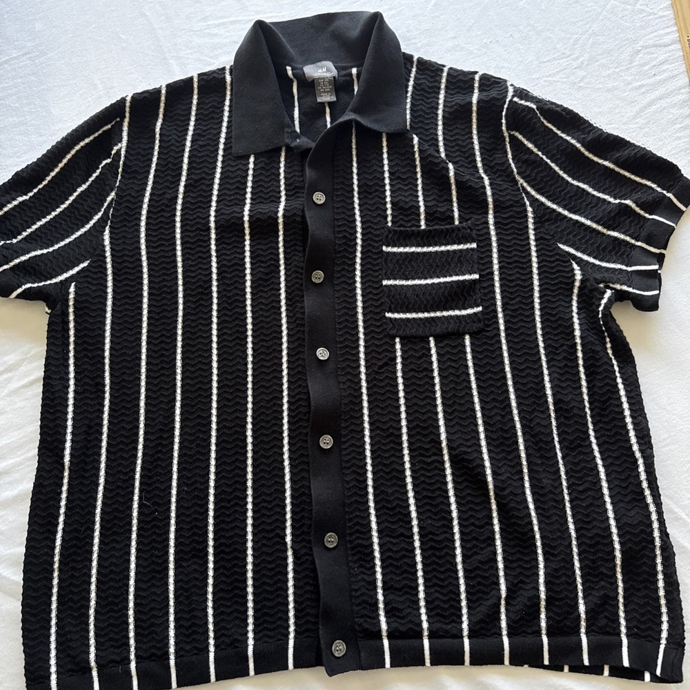 H&M Men Black White Striped Button Down Short Sleeve Sweater Shirt XXL Cotton
